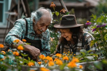 An elderly couple gardening together in a lush backyard garden, depicting daily activities of seniors.
