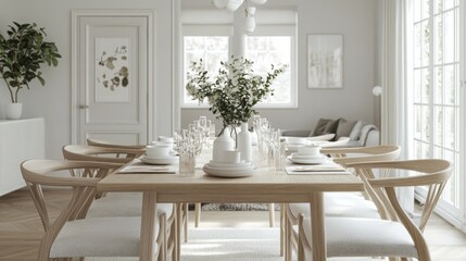 A beautifully arranged dining room featuring a wooden table set with white dishware, surrounded by stylish chairs. Sunlight streams in through large windows, enhancing the serene atmosphere.
