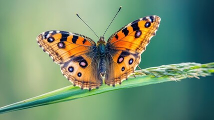 Obraz premium A beautiful orange and black butterfly with white spots perched on a green blade of grass with a green and blue blurred background.