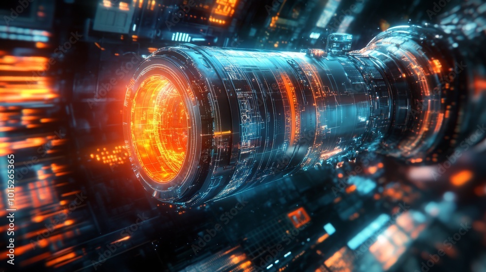 Poster A close-up of a futuristic, cylindrical lens with intricate circuitry and glowing orange and blue light. The lens is set against a background of similar circuitry with motion blur.