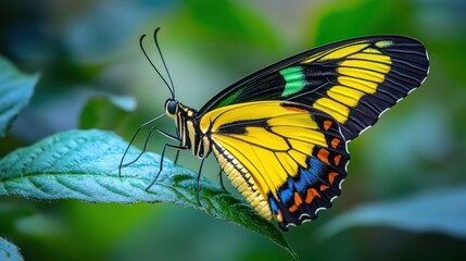 Fototapeta premium A vibrant yellow butterfly with black and green markings perches on a green leaf.