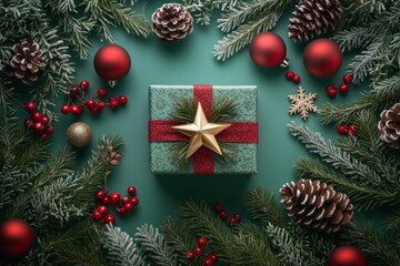 Top-down view of a large, beautifully wrapped present box on a vibrant green background.