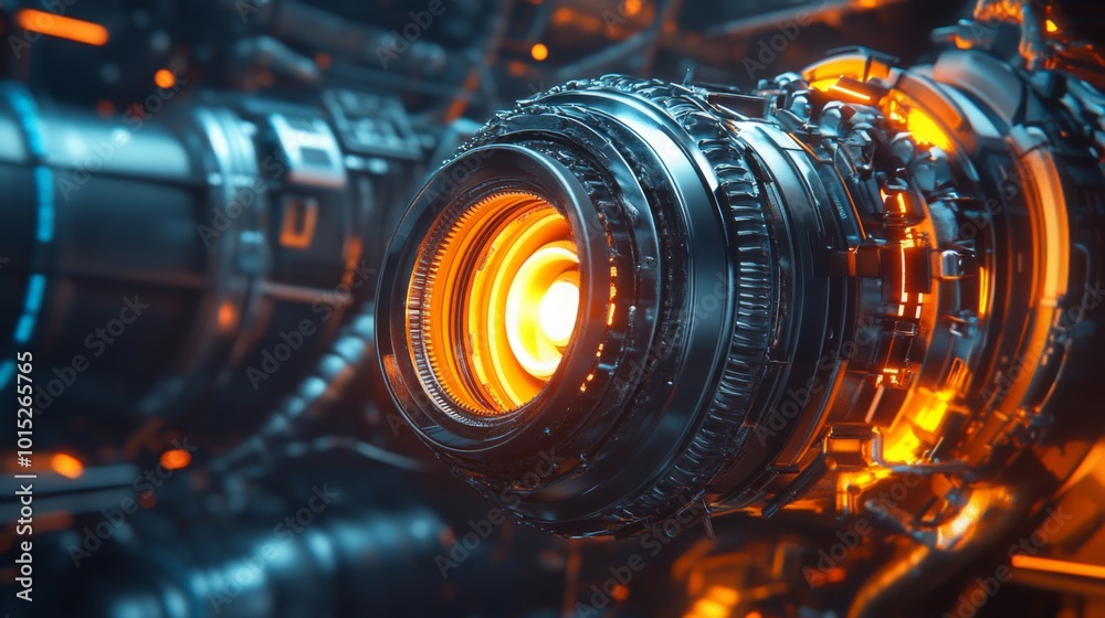 Poster a detailed view of a mechanical lens featuring vibrant orange lights, located in a sophisticated fut