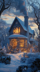 Cozy snow-covered house with glowing lights and chimney smoke on winter evening