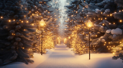 Obraz premium Snow-covered pathway lined with lit Christmas trees and lanterns in winter forest