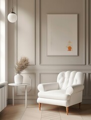 Elegant living room with modern neoclassical design. White armchair with tufted backrest, armrests. White side table, vase with dried flowers. Gray walls, carpet, window frame create balanced