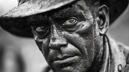 A close-up portrait of a man covered in mud, looking directly at the camera.