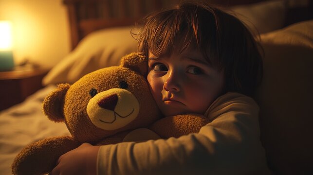 Child Crying While Hugging Stuffed Animal in Cozy Bedroom