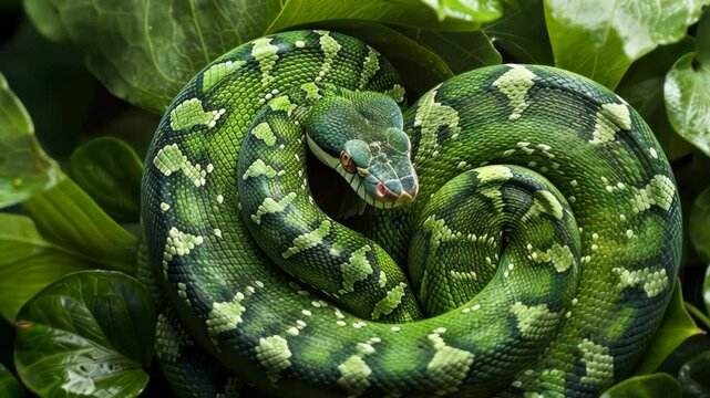 A green tree python coils itself amongst lush foliage, its scales shimmering in the sunlight