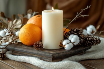 Rustic decor for Christmas holiday family dinner. Center piece with white candle, dry orange, cones, cotton. Zero waste eco friendly