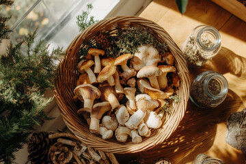 Fototapeta premium Wicker basket overflowing with freshly foraged mushrooms sits on a table, surrounded by jars of herbs and other natural elements, evoking a sense of autumnal abundance