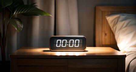 Electronic clock with digital time display with the number zero on the scoreboard, zeroing