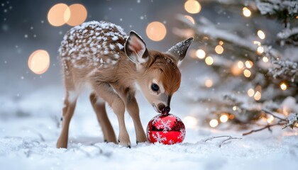 An adorable baby deer nudging a red Christmas ornament on a snow-dusted tree, surrounded by twinkling lights and shiny baubles. © Wimon