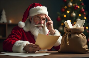 Tired Santa Claus reads a letter, holds his other hand on his forehead as if he has a headache, on the table is a large bag from which letters. Festive background. New Year and Christmas concept