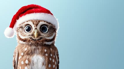 Obraz premium An adorable owl with a fluffy red Santa hat, wide eyes full of wonder, standing against a soft gradient background of blues and purples, ready for the holidays.
