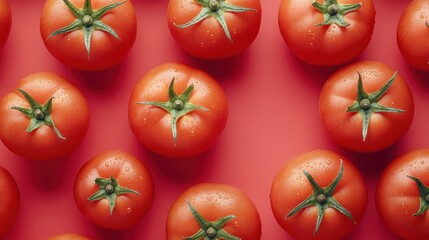 A flat lay of fresh, red tomatoes on a pink background.