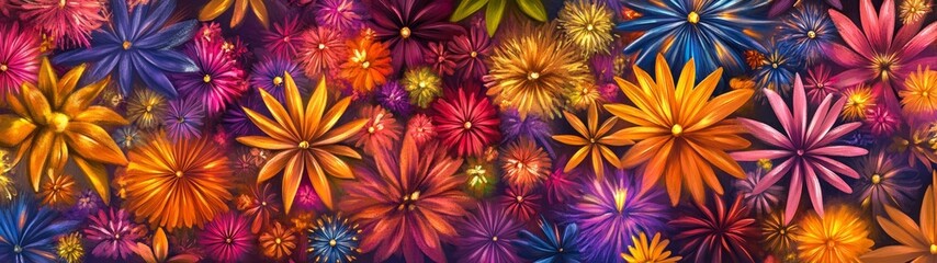 A stunning display of vivid flowers creates a colorful tapestry in a garden, showcasing a variety of bright hues and designs under sunlight