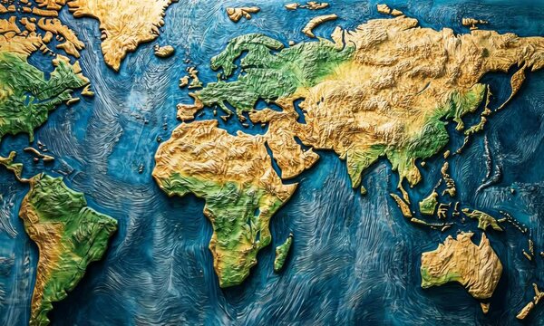 A high-resolution topographic world map detailing continents, displaying physical features such as mountains, rivers, and oceans, ideal for geographic and educational purposes. Video