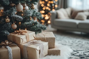 Gift boxes under Christmas tree in living room