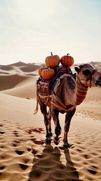 Chameau transportant des citrouilles pour Halloween dans le d&eacute;sert