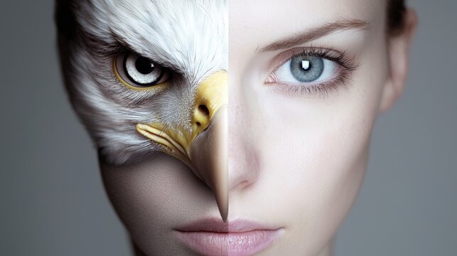Half human, half eagle face, with one side showing sharp eagle eyes and beak, while the other displays a calm human expression.
