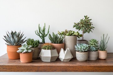Fototapeta premium Multiple types of succulent plants are beautifully arranged on a wooden shelf, showcasing different textures and colors in an indoor space