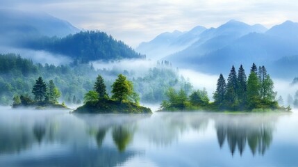 A serene and tranquil scene of a misty lake with islands and mountains in the background. The water is still and reflective, creating a sense of peace and serenity.