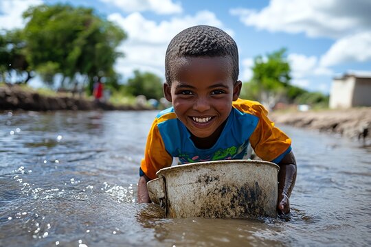 Rural child carrying water from a river, with a worn bucket and tired expression, showing the daily struggle for basic needs in poverty-stricken areas