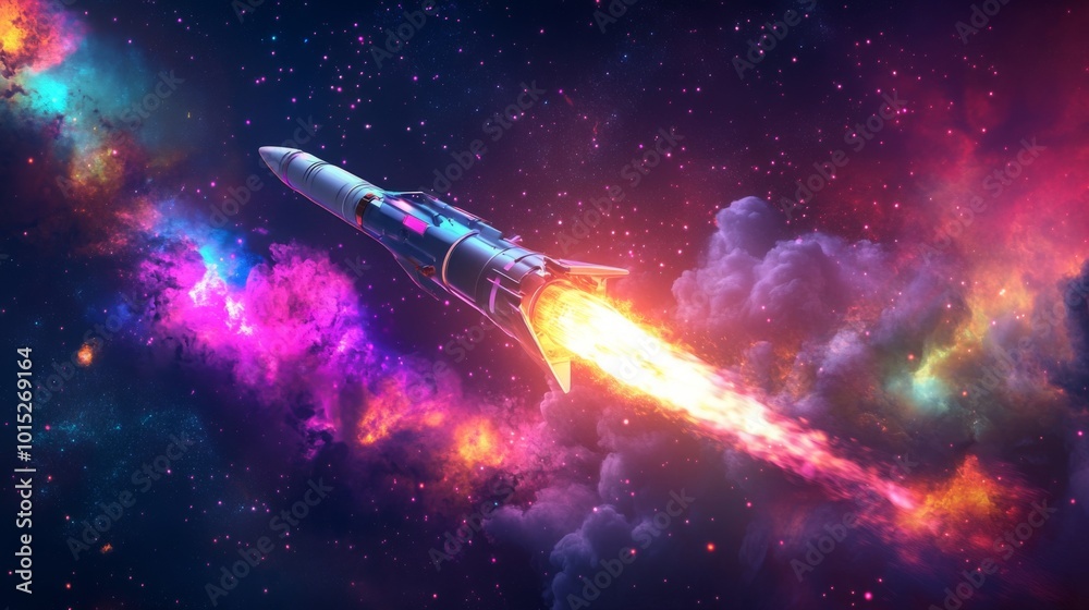 Poster A rocket ascends through a vivid display of swirling cosmic clouds and brilliant colors in the vastness of space. It leaves a trail of flames and sparks, creating a stunning visual spectacle.