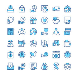 Charity icons. Outline symbols. Vector blue line icons set