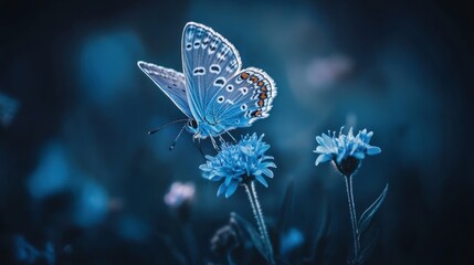 A beautiful blue butterfly with orange spots on its wings is perched on a blue flower in a field of flowers.