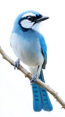 Azure Jay Bird Perched on a Branch on a White Background, Photo Realistic, Wallpaper, Cover and Screen for Smartphone, PC, Laptop, 9:16 and 16:9 Format