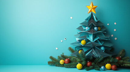 Origami Christmas Tree With Christmas Star In Top Light Snow Around With Copy Space, Christmas Holiday, Holiday Season.