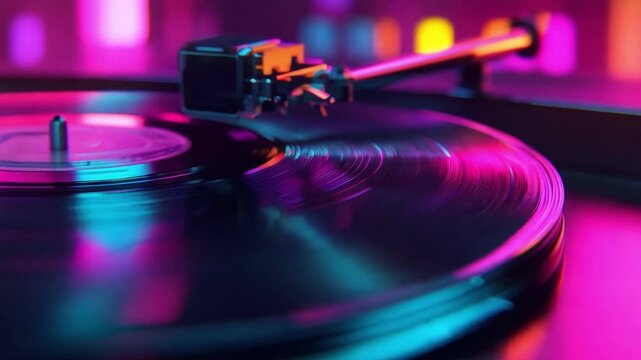 A vinyl record rotates on a turntable, illuminated by colorful lights, creating an energetic atmosphere for music lovers
