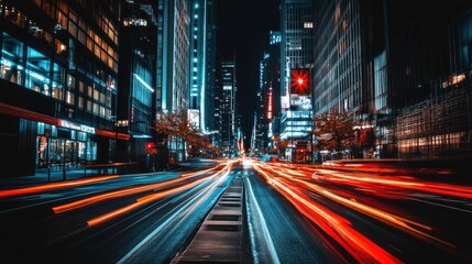 A long exposure shot of a busy city street at night, with car lights streaking through the frame.