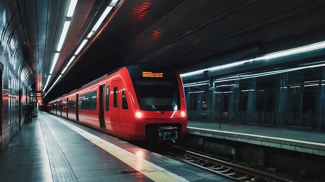 A sleek red train approaches the platform in a contemporary underground station during twilight, with travelers eagerly waiting