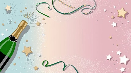 Festive background with golden champagne bottle, confetti stars and party streamers. Christmas, birthday or wedding concept. top view More empty space in the center