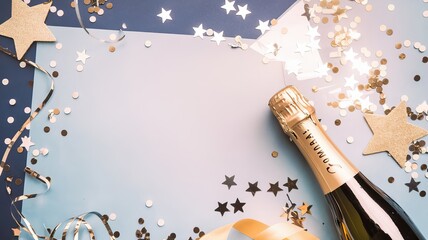 An elegant festive background with golden balls, champagne and confetti stars creates an atmosphere of luxury for any celebration. Perfect for Christmas, birthdays or weddings