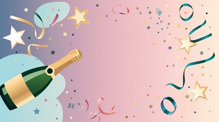 A festive composition with a golden bottle of champagne, sparkling stars and bright streamers sets the tone for the party. A great concept for celebrations like Christmas or weddings