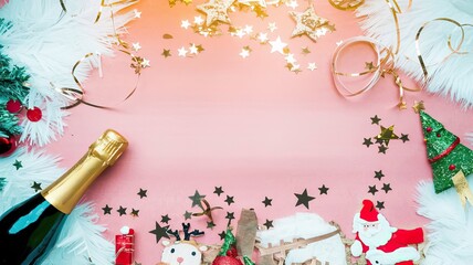 The golden glitter of champagne, confetti stars and bright streamers decorate this background, creating the perfect atmosphere for any festive event: birthday, New Year