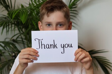 Teenager boy holding a white card with the words "thank you" © Gosia