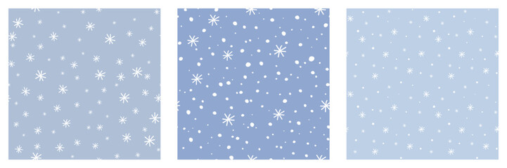 White Doodle Snowflakes seamless Patterns Set. Winter season Snowfall Christmas New year Background. Cute child Drawing pattern for wallpaper Package Wrap Design. Vector illustration