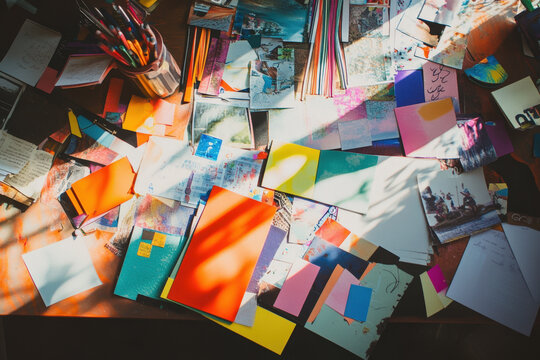 Workspace is shown featuring colorful paper crafts, photographs, and art supplies bathed in warm sunlight