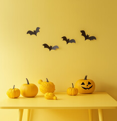 A pastel yellow dining room table is adorned with Halloween decorations and bats on the pastel yellow wall behind it.Minimal creative Halloween holiday interior concept.Copy space