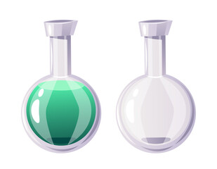 Potion elixir bottle flask poison full and empty loaded stage steps geme ui concept set. Vector graphic design illustration element