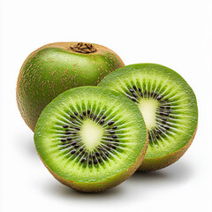 Fresh green kiwi fruit, whole and sliced in half, showcasing vibrant green flesh and black seeds against clean white background. This captures natural beauty and texture of kiwi