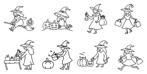 Obraz premium Halloween witch doodle illustration set featuring playful witches and her activities during the holiday