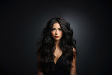 Fototapeta premium Stylish coiffure, brunette woman with long curly hair on dark background, beauty and hair care concept