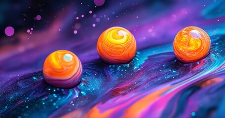Naklejka premium Three marbles with vibrant orange swirls sit against a flowing backdrop of deep blue and purple, evoking a cosmic vibe