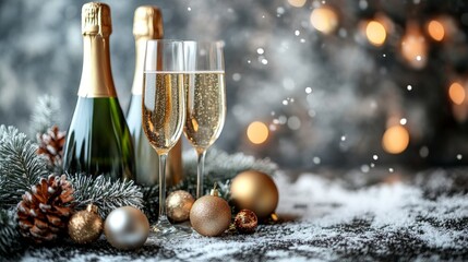 bottle of champagne and glass of champagne on christmas background